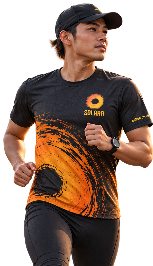 Man running in the matching black and orange SOLARA shirt