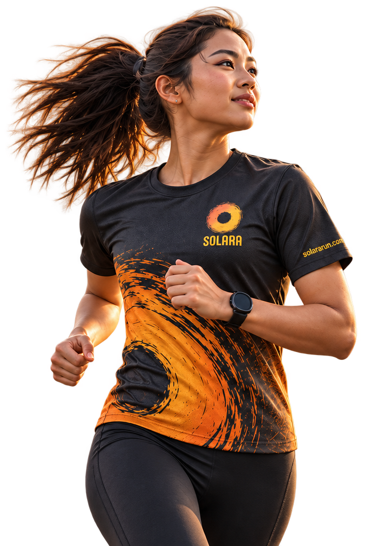 Woman running in the approved black and orange SOLARA shirt with long black trousers