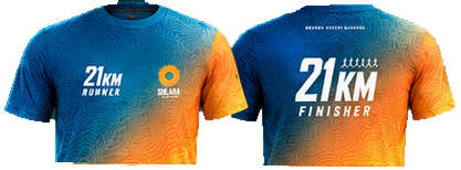Front and back of the approved blue and orange SOLARA 21 kilometre finisher shirt