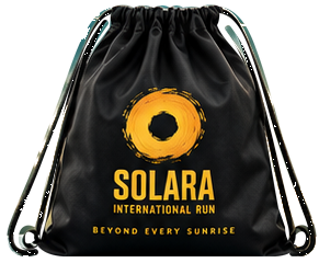 Illustrative black SOLARA drawstring race goodies bag